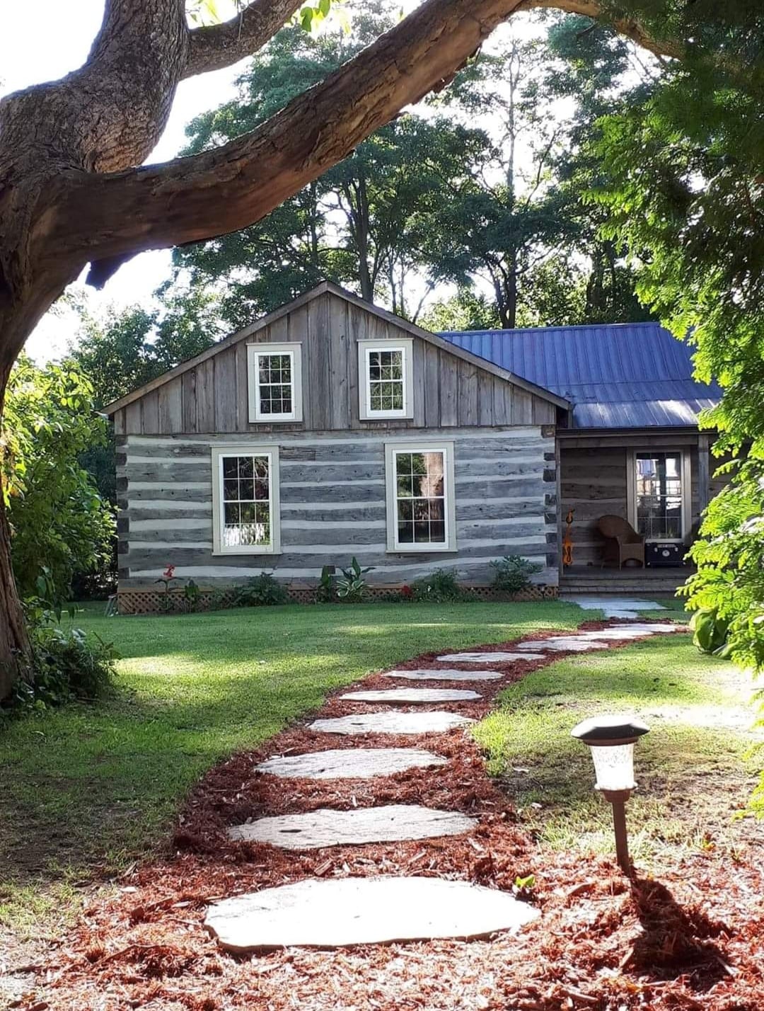 The log cabin studio from the garden, with a stepping-stone path and a large tree